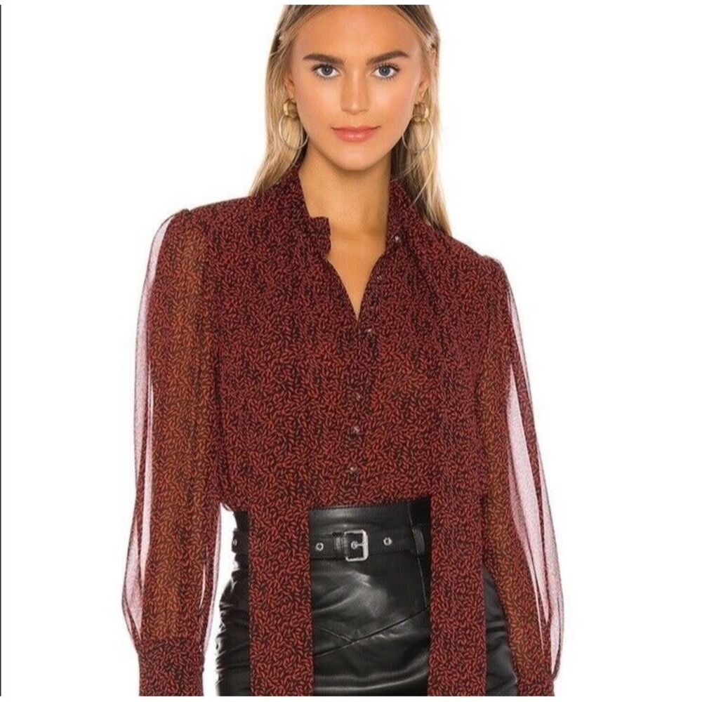 MISA Los Angeles Emina Tie Neck Red Black Blouse Size XS Sheer Long Sleeve Top